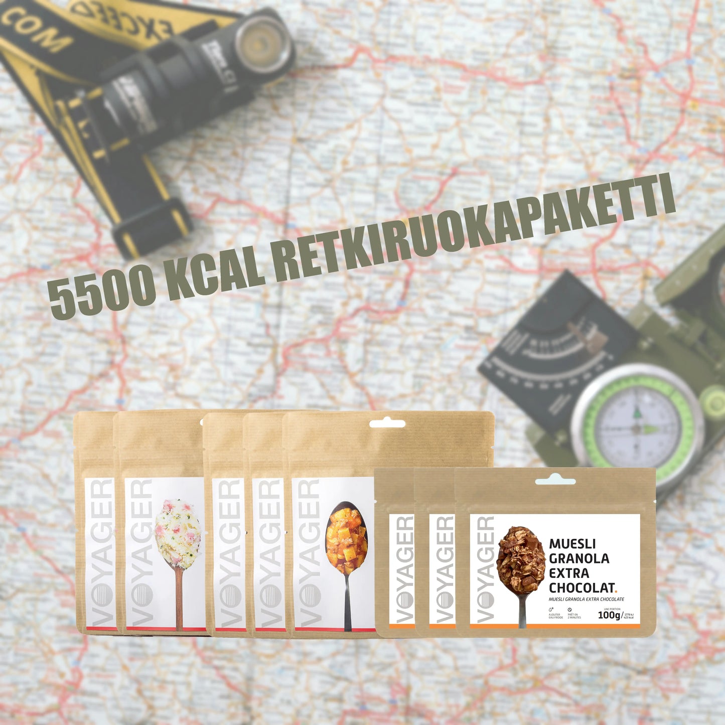 5500 kcal retkiruokapaketti kartan päällä otsalampun ja kompassin vieressä