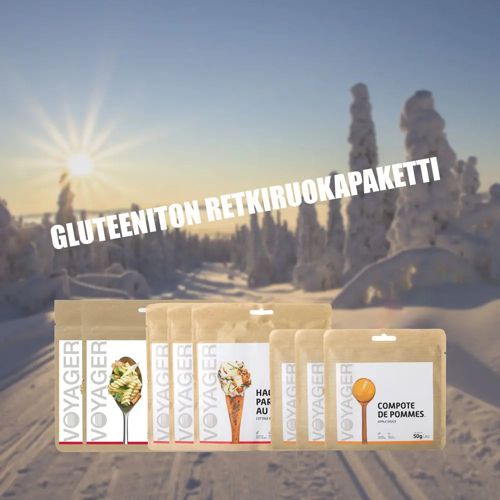Gluteeniton retkiruokapaketti viikonlopuksi aurinkoisessa talvimaisemassa