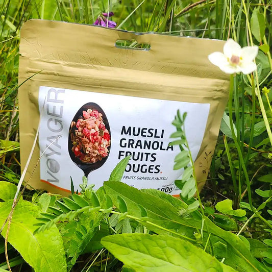 Marja-granolamysli retkiruoka-aamupalapussi ruohikossa kukkien keskellä.