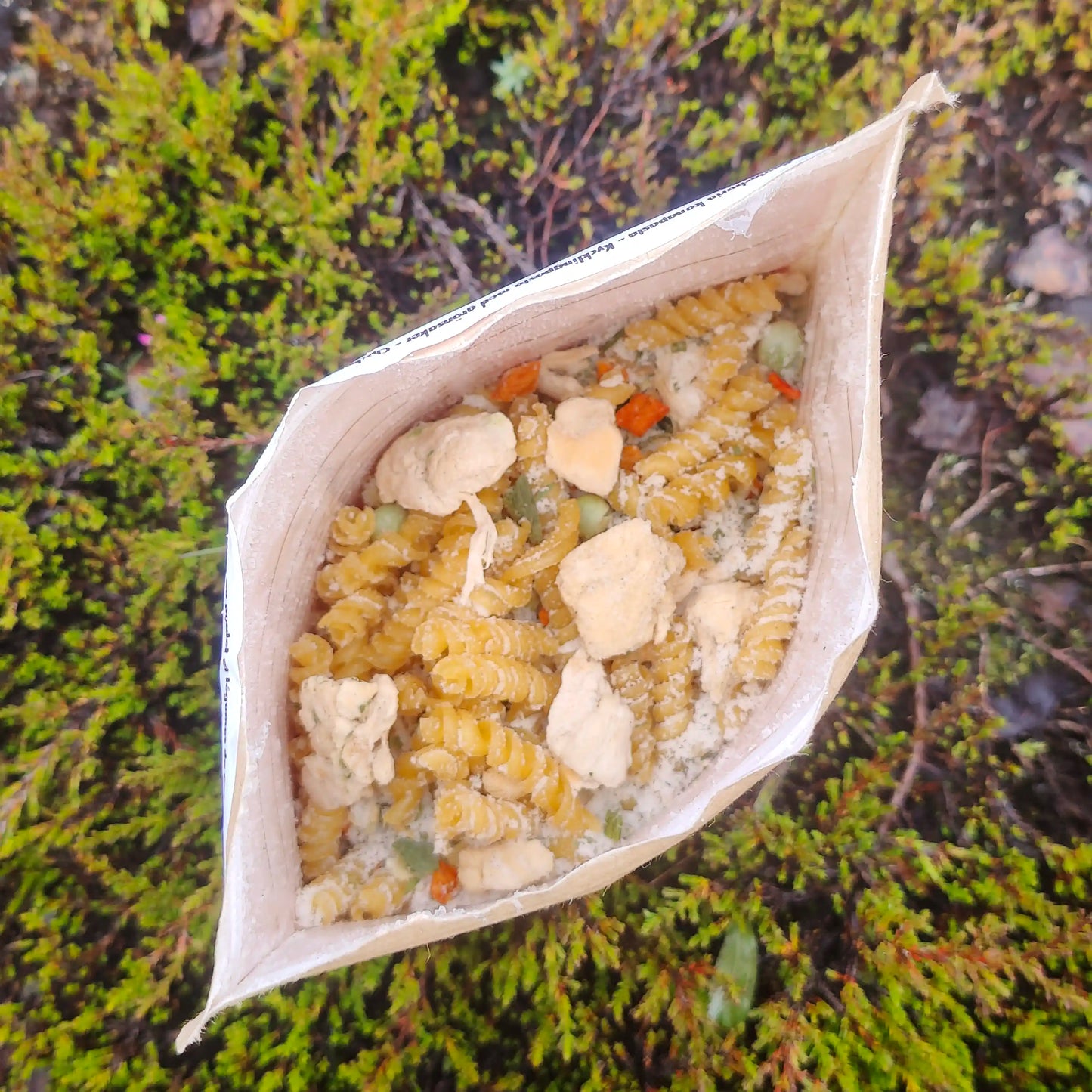 Puutarhurin kanapasta retkiruokapussi avattuna varvikossa.