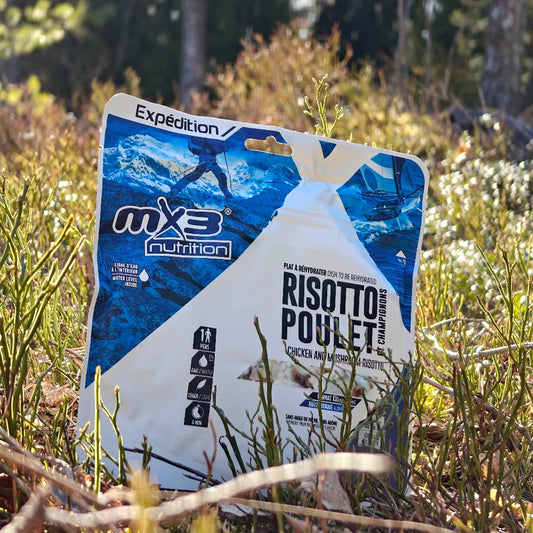 Retkiruoka kana-sienirisotto maassa keväisessä varvikossa.