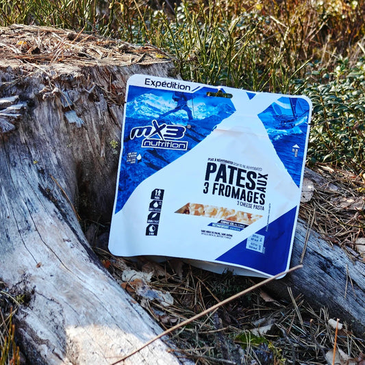 Retkiruoka kolmen juuston pasta maassa keväisessä varvikossa kannon edessä.