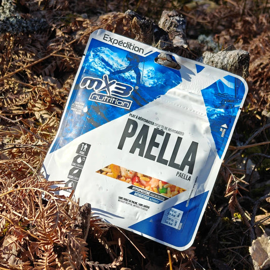 Retkiruoka paella maassa keväisessä varvikossa.