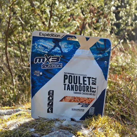 Retkiruoka tandoorikanaa ja riisiä maassa keväisessä varvikossa.