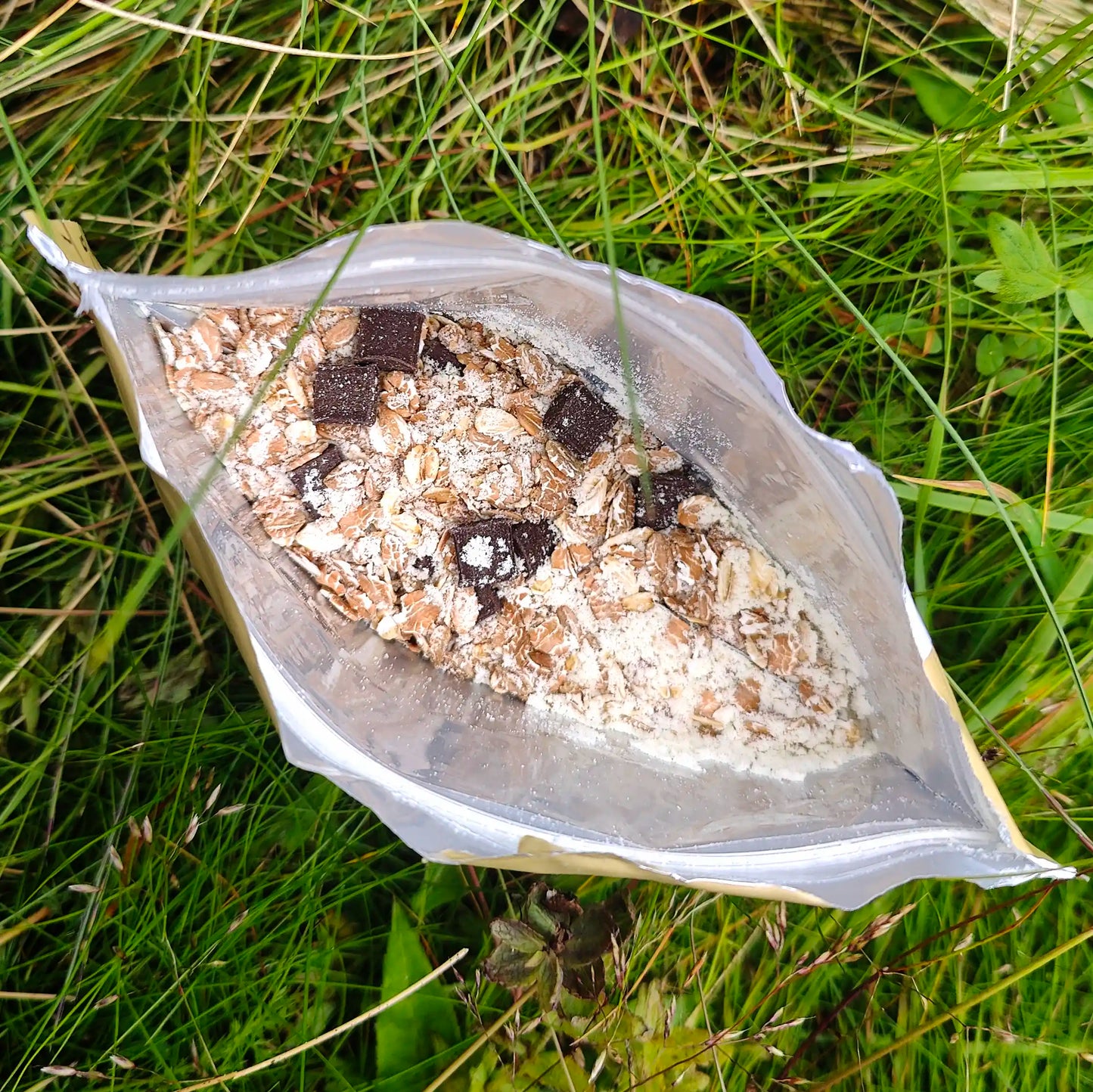 Suklaa-popcornmysli retkiruoka-aamupalan kuiva-aineet avatussa pussissa heinikossa.