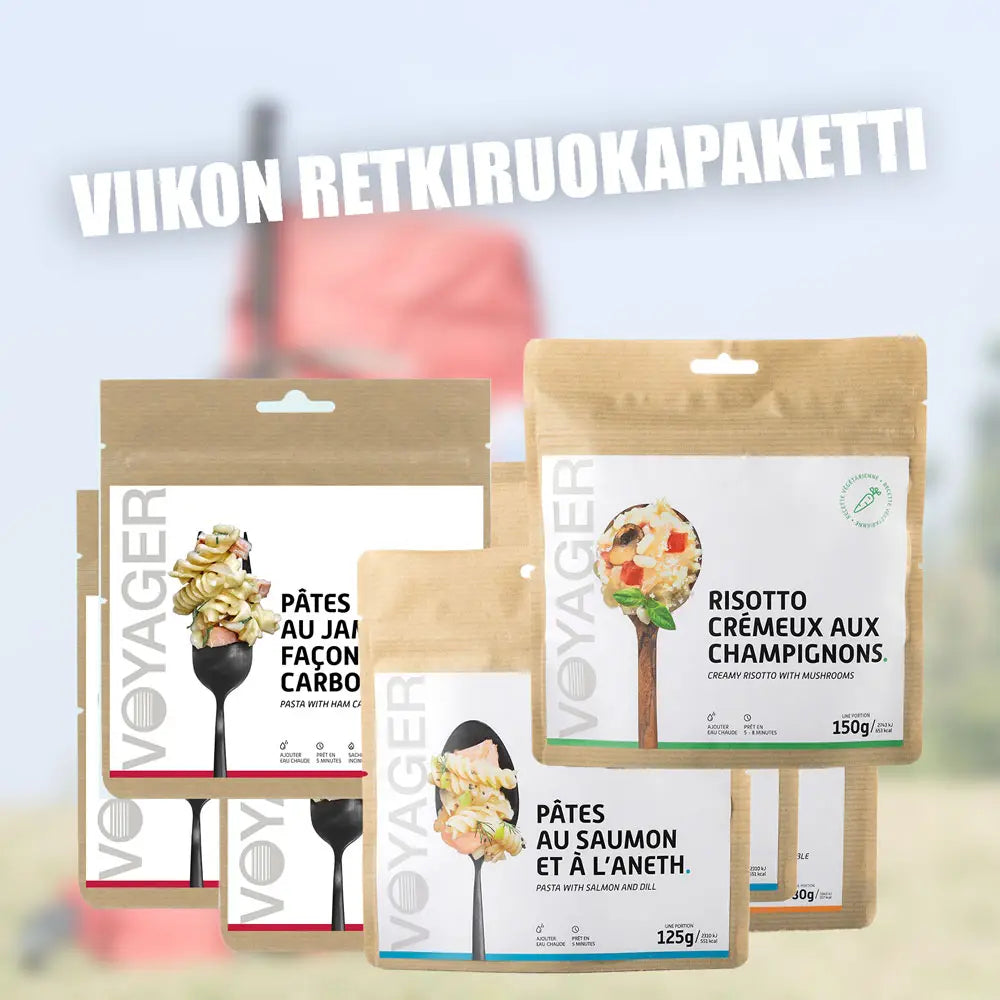 Viikon retkiruokapaketti, taustalla punainen rinkka