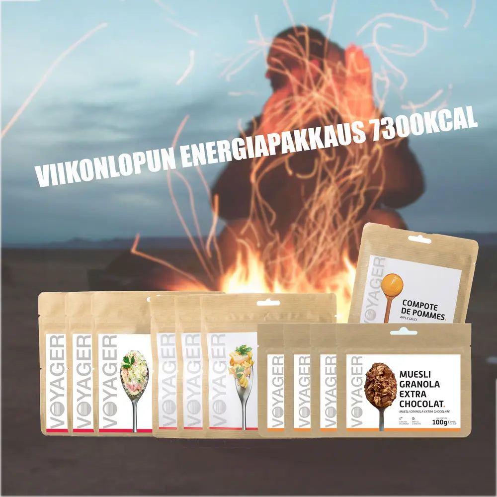 Viikonlopun energiapakkaus 7300kcal taustalla istuva ihminen kipinöivän nuotion takana