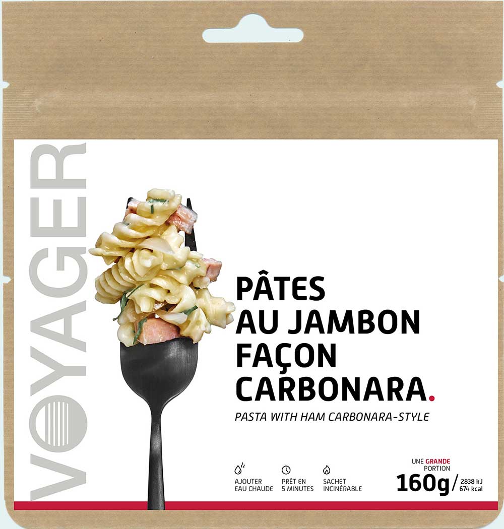 Pasta Carbonara eli kermainen pasta juustolla ja kinkulla, retkiruoka kierrätettävässä pussissa, 160 grammaa