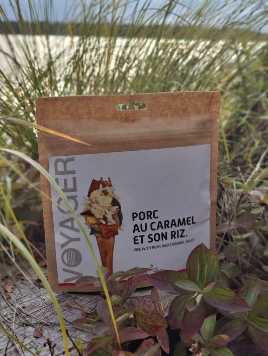 Hapanimelä possu ananaksella ja riisillä retkiruokapussi heinien keskellä maassa.