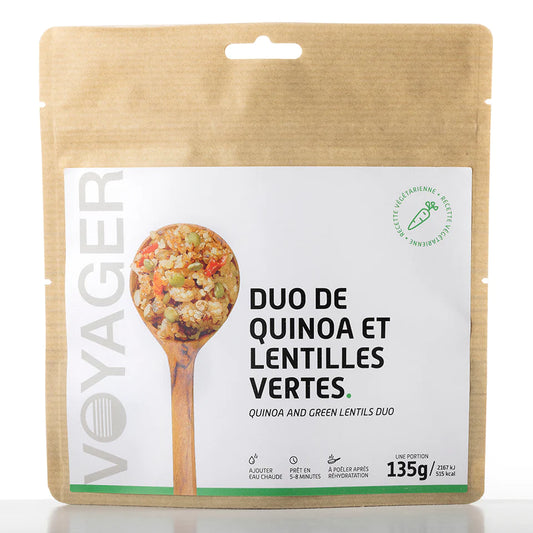 Kvinoa-linssipata, kasvisretkiruoka kierrätettävässä pussissa.