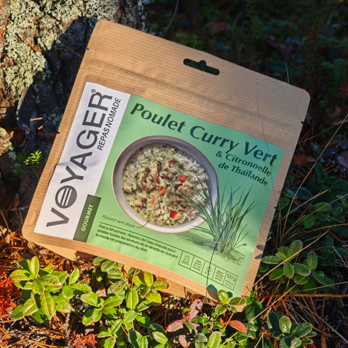 Vihreä kanacurry sitruunaruoholla retkiruokapussi maassa puolukan varpujen keskellä.